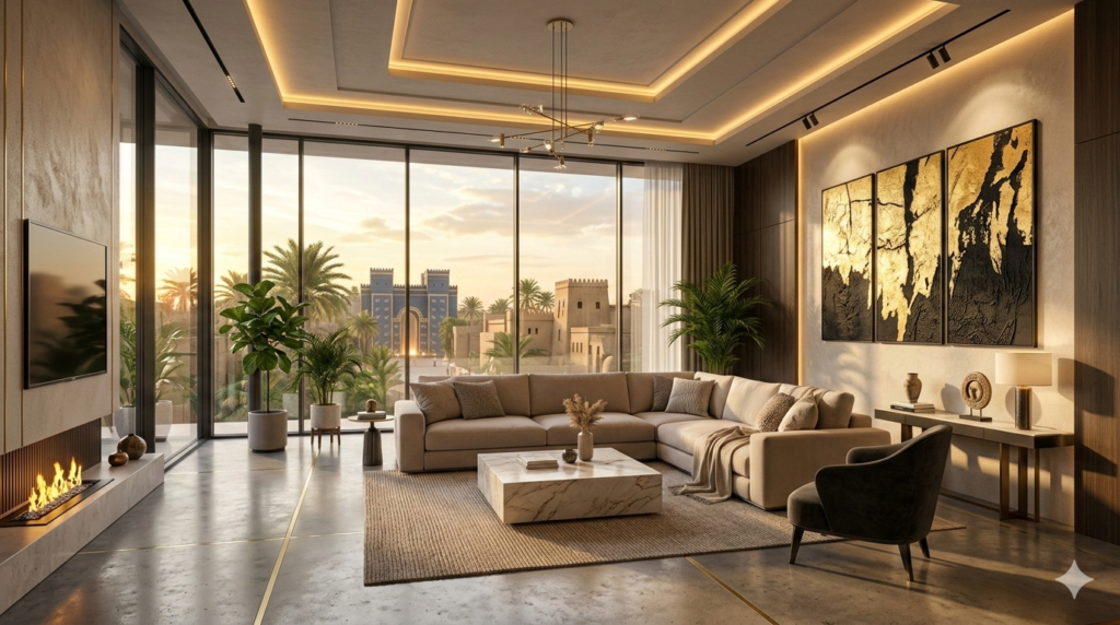 Professional interior design space planning for open concept luxury layouts combining neoclassical style with modern lifestyle flow."