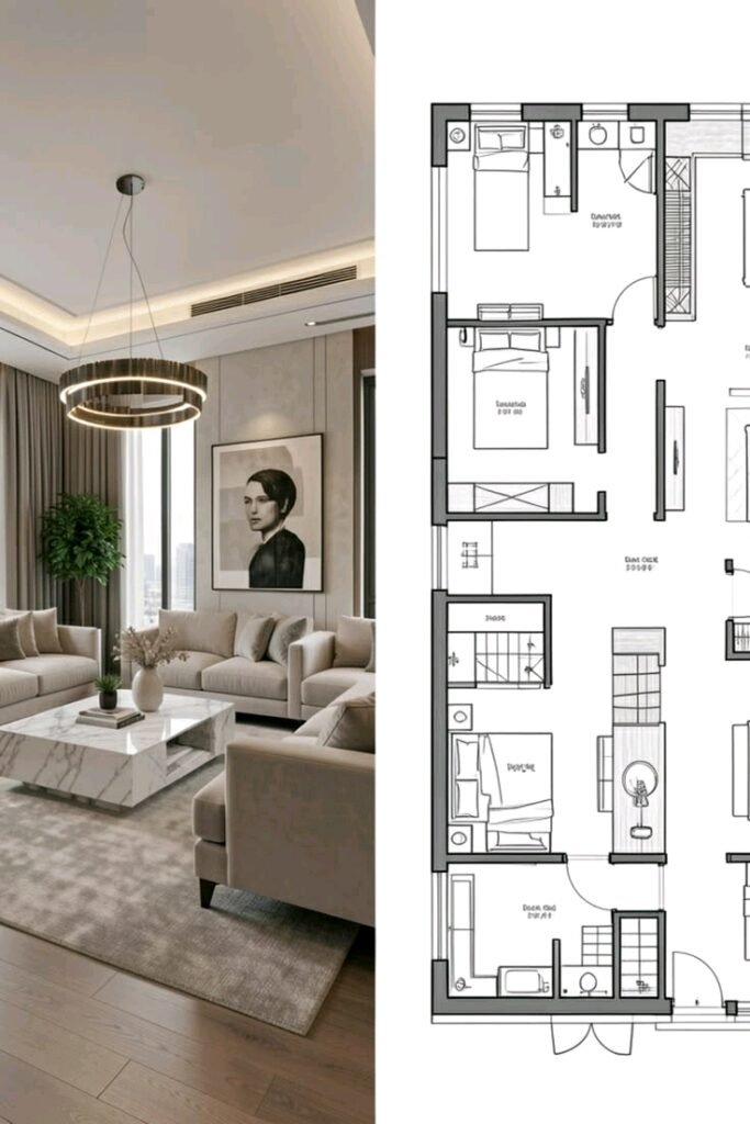 ​Sophisticated master bedroom with velvet textures and ambient lighting