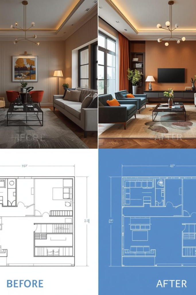 Minimalist neoclassical vanity area with a large circular mirror and gold finish details."