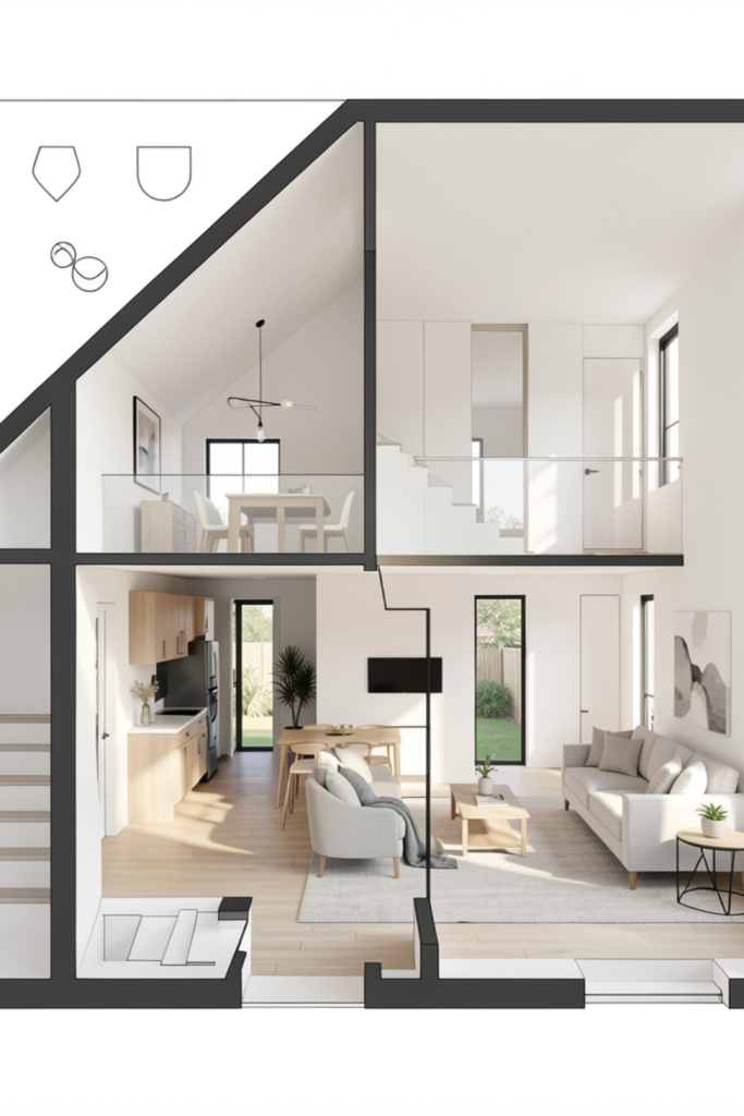 Contemporary bathroom interior with walk-in rain shower and gold fixtures