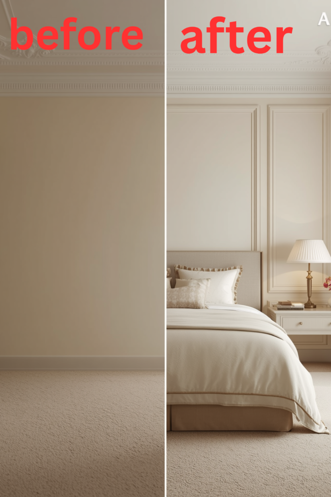 Quiet neoclassic living area featuring sophisticated wall moldings and neutral color palette."