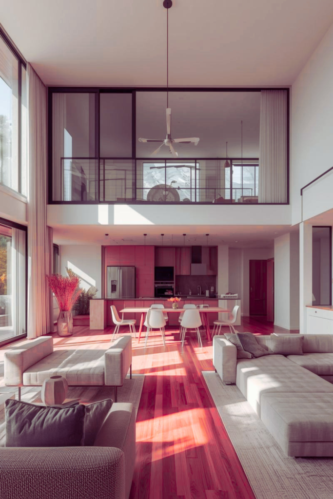 Modern luxury living room interior with elegant marble flooring and gold decorative accents."