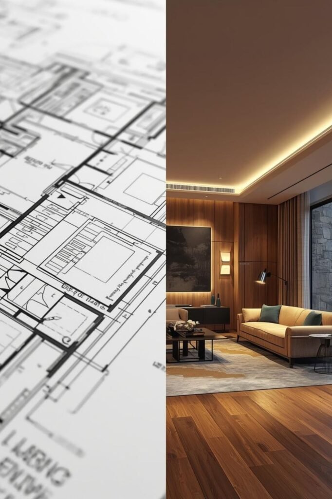 ​Elegant luxury dining room featuring a minimalist crystal chandelier