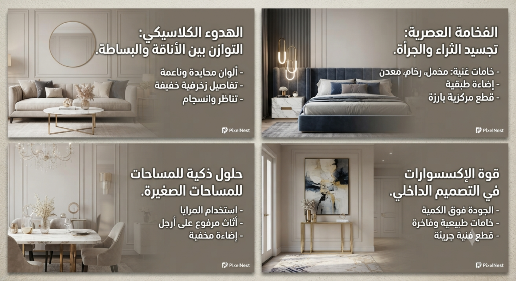 تصميم داخلي لغرفة معيشة بأسلوب Quiet Neoclassic يجمع بين الفخامة الهادئة والتفاصيل العصرية من PixelNest."