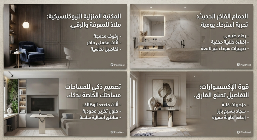 حلول ديكور ذكية لغرف النوم الصغيرة بأسلوب Modern Luxury تبرز التناغم اللوني والعمق البصري من تنفيذ PixelNest."