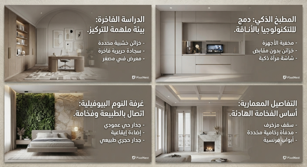 تفاصيل معمارية فاخرة في ديكور منزلي تتضمن إكسسوارات ذهبية وتناظر هندسي يعكس هوية PixelNest في التصميم الداخلي
